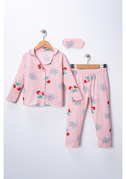 Kız Çocuk Kiraz Desenli Pijama Takımı - Uyku Bandı Hediyeli