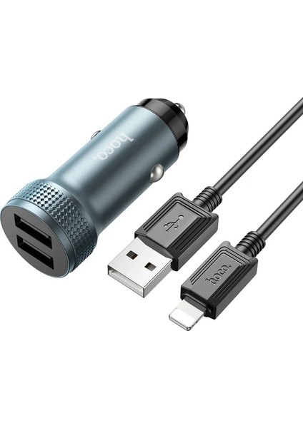 Hoco Z49 Çift USB Girişli Araç Şarj Başlık + USB To iPhone Lightning Kablo-(57 - ?03?53E9-3G0