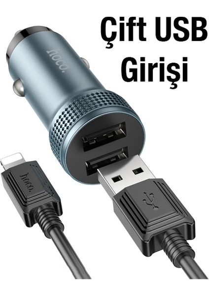 Hoco Z49 Çift USB Girişli Araç Şarj Başlık + USB To iPhone Lightning Kablo-(57 - ?03?53E9-3G0 fırsatları