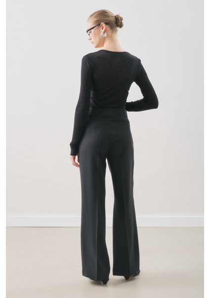 Dökümlü Tencel Pileli Pantolon Siyah