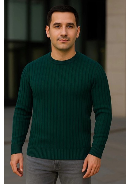 Erkek Bisiklet Yuvarlak Yaka Triko Kazak Pamuklu Kalın Fitilli Dokuma, Regular Fit Uzun Kollu Kışlık Model - Haki