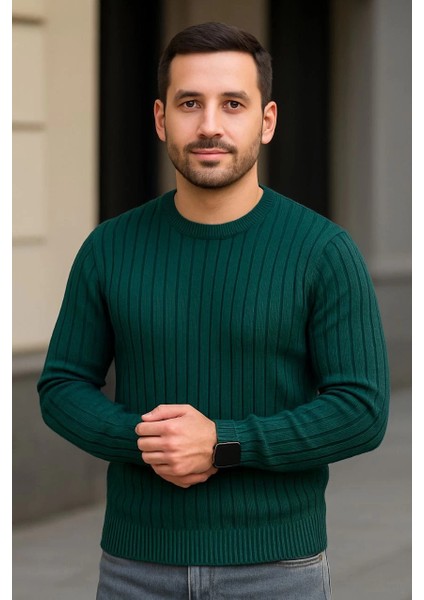 Erkek Bisiklet Yuvarlak Yaka Triko Kazak Pamuklu Kalın Fitilli Dokuma, Regular Fit Uzun Kollu Kışlık Model - Haki fiyatları