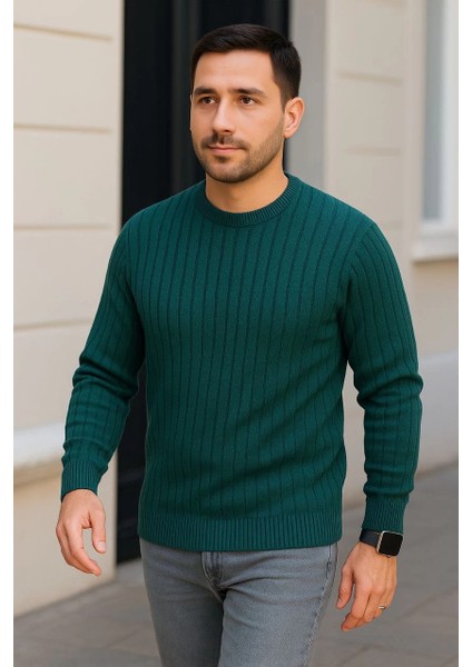 Erkek Bisiklet Yuvarlak Yaka Triko Kazak Pamuklu Kalın Fitilli Dokuma, Regular Fit Uzun Kollu Kışlık Model - Haki modelleri