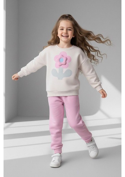 Dokulu Papatya Desenli Kız Çocuk Kışlık takım - Pembe