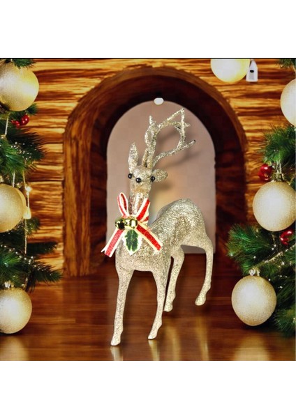 Yılbaşı Süsü Çanlı Fiyonklu Simli Geyik Şampanya 35 cm