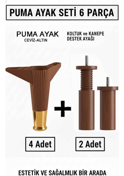 Puma 15 cm Ceviz-Altın 6'lı Set Mobilya Kanepe Tv Ünitesi Dolap Konsol ve Destek Ayağı