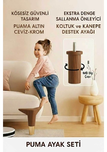 Puma 15 cm Ceviz-Altın 6'lı Set Mobilya Kanepe Tv Ünitesi Dolap Konsol ve Destek Ayağı fiyatları