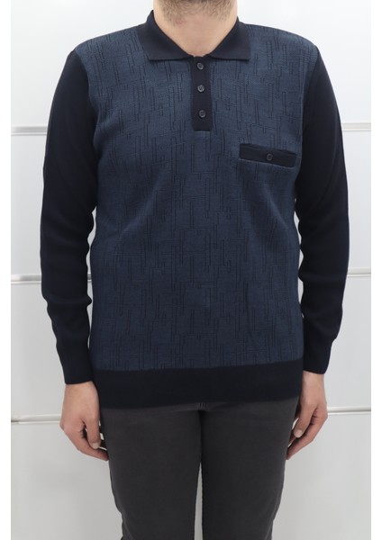 Fistan Store Erkek Desenli Klasik Kesim Rahat Kalıp Polo Yaka Tek Cepli Kışlık Yünlü Kazak