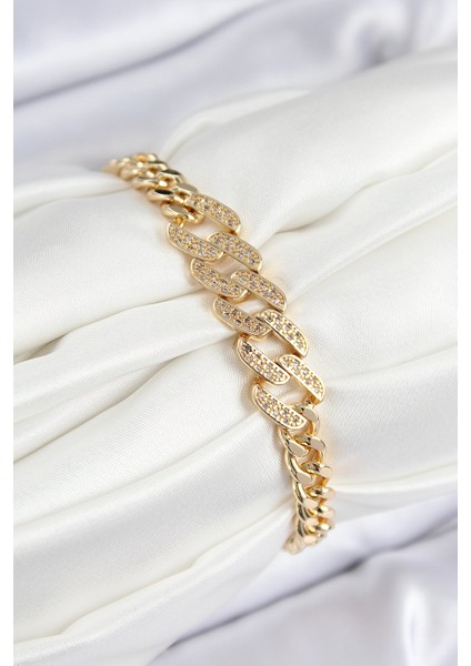 Pirinç Zirkon Taşlı Ezme Küba Zincir Model Gold Renk Kadın Bileklik - TJ-BB7549