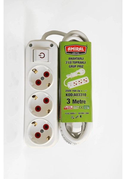 Amiral 3' Lü Topraklı Anahtarlı 3 Metre Kablolu Grup Priz fiyatları