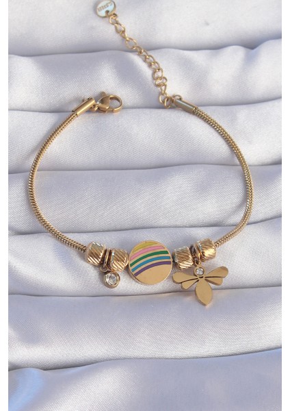 316L Çelik Gold Renk Zirkon Taşlı Gökkuşağı Tasarımlı Yusufçuk Bileklik - TJ-BB6204 modelleri