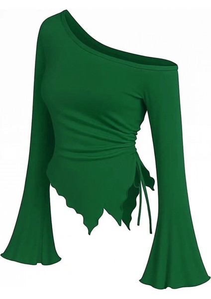 - Kadın Yeşil Uzun Ispanyol Kollu Asimetirik Yaka Yandan Bağlamalı Drapeli Bluz