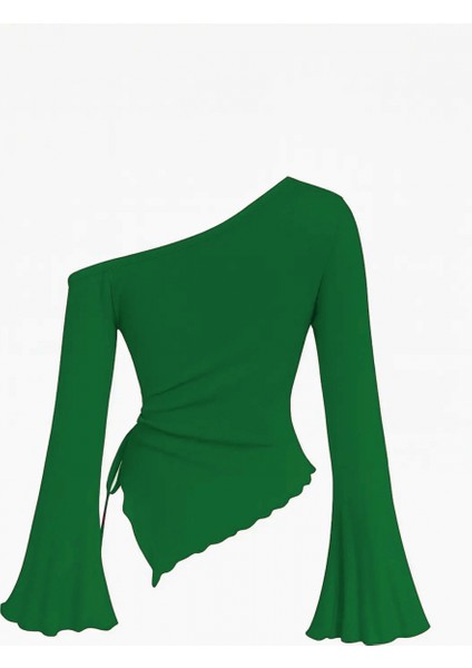 - Kadın Yeşil Uzun Ispanyol Kollu Asimetirik Yaka Yandan Bağlamalı Drapeli Bluz fiyatları