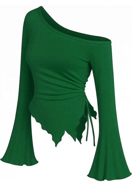 - Kadın Yeşil Uzun Ispanyol Kollu Asimetirik Yaka Yandan Bağlamalı Drapeli Bluz modelleri