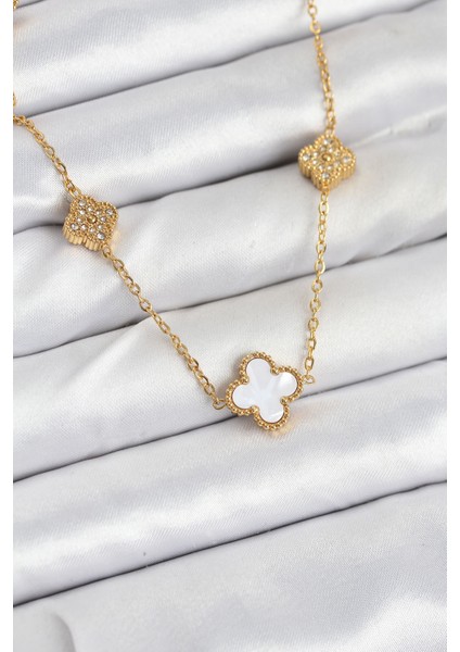 316L Çelik Zincir Gold Renk Beyaz ve Zirkon Taşlı Yonca Kadın Kolye - TJ-BKO10590 indirimleri