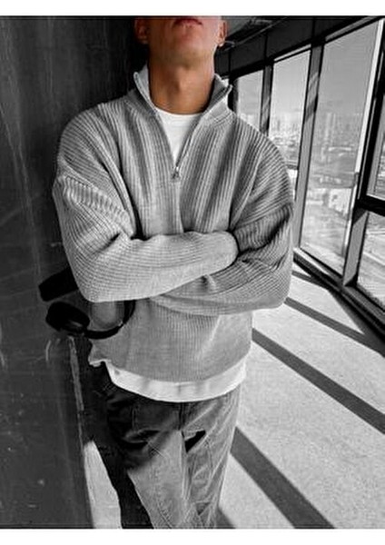 Erkek Oversize Yarım Fermuarlı Kazak Gri