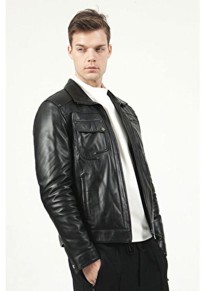 Deri Erkek Mont Günlük Kullanım İçin Şık Siyah E-937/K Modeli