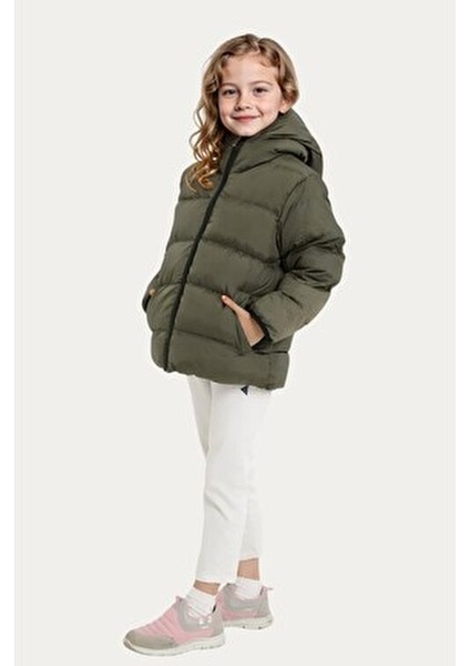 Kız Çocuk Haki Renkli Kapüşonlu Su ve Rüzgar Geçirmez Şişme Mont