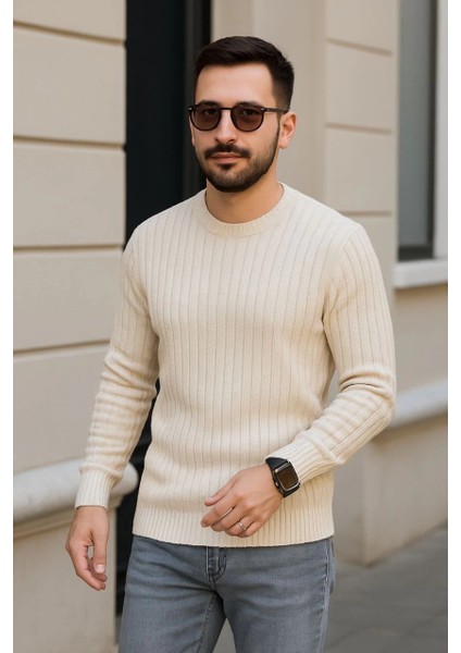 Erkek Bisiklet Yuvarlak Yaka Triko Kazak Pamuklu Kalın Fitilli Dokuma, Regular Fit Uzun Kollu Kışlık Model - Bej