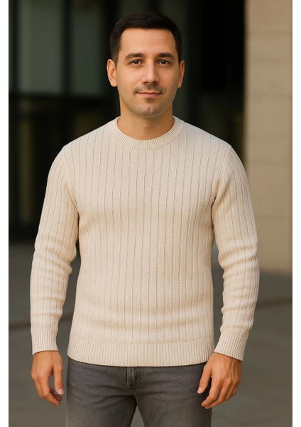 Erkek Bisiklet Yuvarlak Yaka Triko Kazak Pamuklu Kalın Fitilli Dokuma, Regular Fit Uzun Kollu Kışlık Model - Bej fiyatları