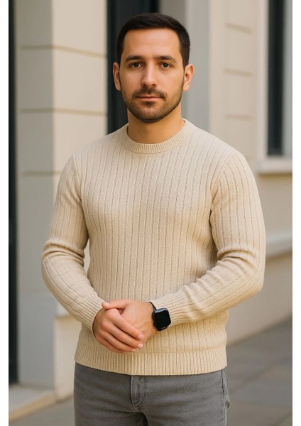 Erkek Bisiklet Yuvarlak Yaka Triko Kazak Pamuklu Kalın Fitilli Dokuma, Regular Fit Uzun Kollu Kışlık Model - Bej modelleri