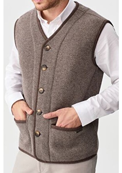 Erkek Yelek V Yaka Klasik Stil Vizon Renk %80 Yün %20 PA Kalite