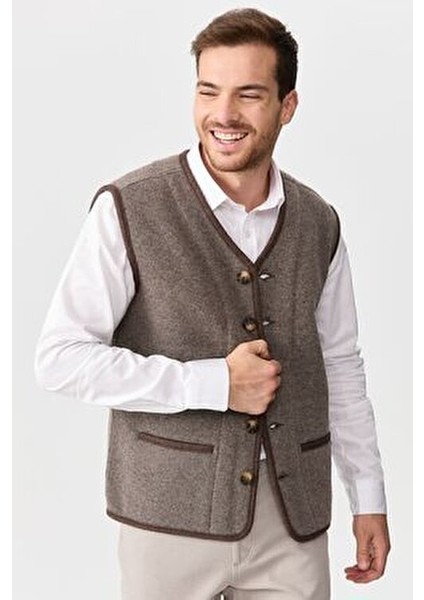 Erkek Yelek V Yaka Klasik Stil Vizon Renk %80 Yün %20 PA Kalite