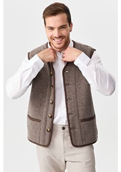 Erkek Yelek V Yaka Klasik Stil Vizon Renk %80 Yün %20 PA Kalite