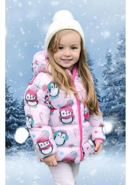 Kız Çocuk Polarlı Kürklü Kapüşonlu Şeker Desenli Kışlık Şişme Mont & Kaban & Parka