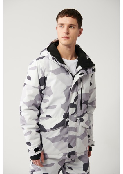 Erkek Beyaz-Gri Kapüşon Desenli Su İtici Kumaşlı Kayak Mont A32Y6095