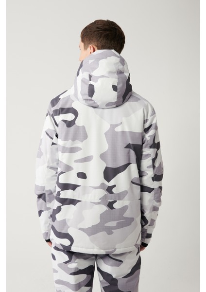 Erkek Beyaz-Gri Kapüşon Desenli Su İtici Kumaşlı Kayak Mont A32Y6095