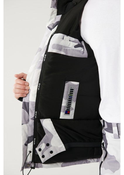 Erkek Beyaz-Gri Kapüşon Desenli Su İtici Kumaşlı Kayak Mont A32Y6095