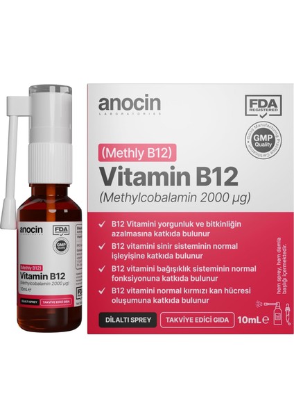 Anocin Methyl Cobalamin B12 Sprey 1000 Mcg 2000 Ug 10 ml fiyatları