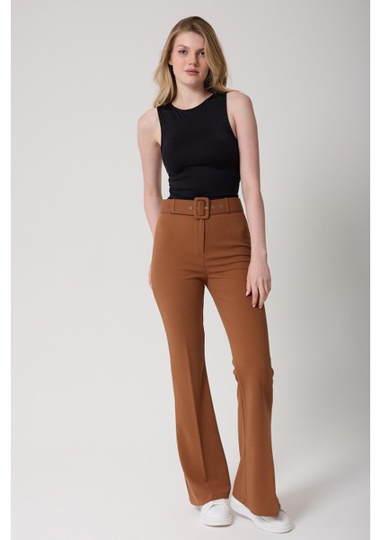 Kadın Kemerli Yüksek Bel Ispanyol Paça Pantolon