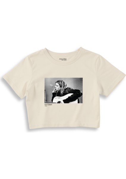 Kurt Cobain 1990 Crop Tişört - Ekru