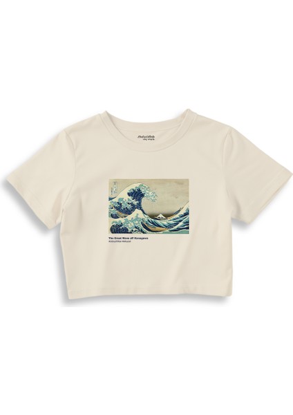 Kanagawa Oki Nami Ura Crop Tişört - Ekru