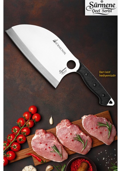 Sürmene Serisi B Almazan Mutfak Şef Bıçağı Bıçak Kamp Bıçağı Deri Kılıflı Siyah Verzalit Sap HDS-136