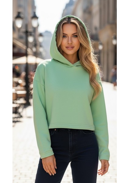 Kapşonlu Kadın Crop Sweatshirt Yeşil