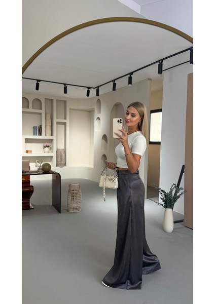 Saten Bol Paça Palazzo Pantolon Metalik Kahve modelleri