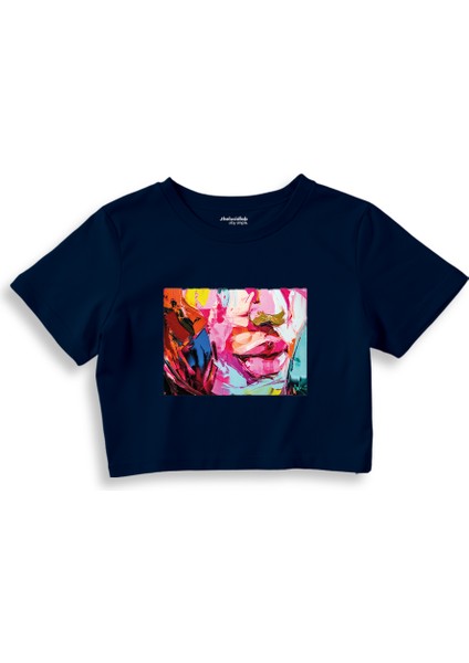 Lips Crop Tişört - Lacivert