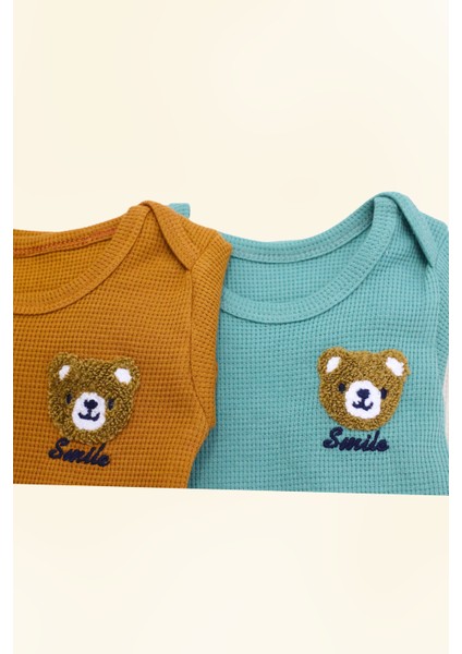 Mağazacılık 5'li Bebek Çıtçıtlı Uzun Kollu Renkli Smile Desenli Zıbın %100 Organik Pamuk Waffle Kumaş