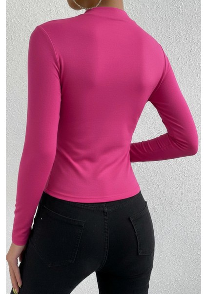 - Kadın Fuşya Belden ve Boyundan Büzgü Detaylı Uzun Kollu Bluz fiyatları