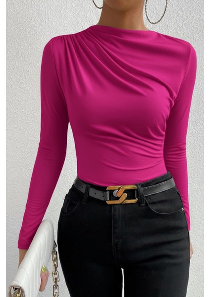 - Kadın Fuşya Belden ve Boyundan Büzgü Detaylı Uzun Kollu Bluz fırsatları