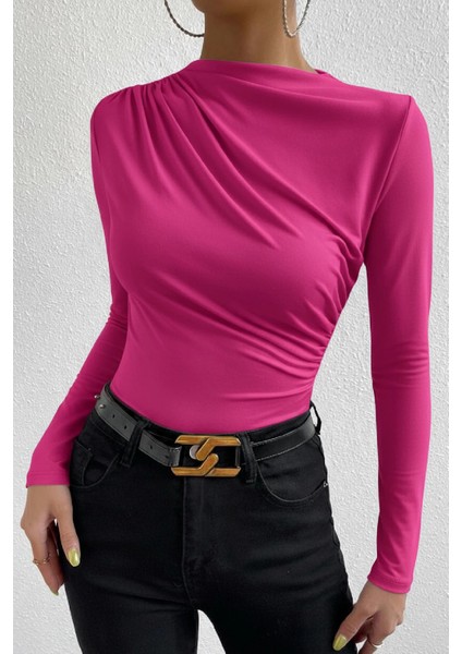 - Kadın Fuşya Belden ve Boyundan Büzgü Detaylı Uzun Kollu Bluz indirimleri