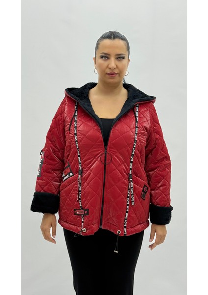 Büyük Beden Kapitone Cepli Fermuarlı Kapüşonlu Ipek Saten Uzun Kol Oversize Kadın Mont