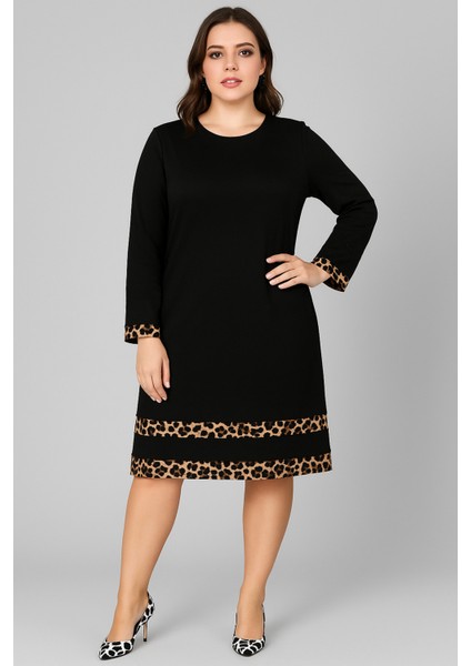 Büyük Beden Kol Ucu ve Eteği Leopar Garnili Uzun Kol Viskon Elbise