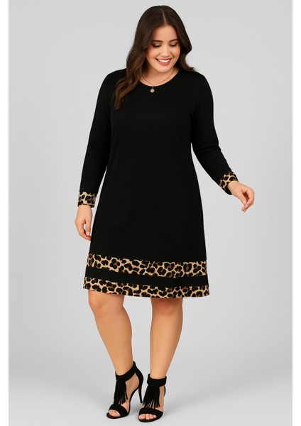 Büyük Beden Kol Ucu ve Eteği Leopar Garnili Uzun Kol Viskon Elbise fiyatları