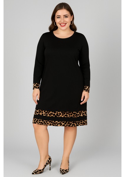 Büyük Beden Kol Ucu ve Eteği Leopar Garnili Uzun Kol Viskon Elbise modelleri