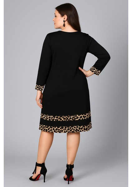 Büyük Beden Kol Ucu ve Eteği Leopar Garnili Uzun Kol Viskon Elbise fırsatları