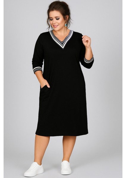 Büyük Beden Yaka ve Kol Ucu Şerit Uzun Kol Viskon Elbise fiyatları